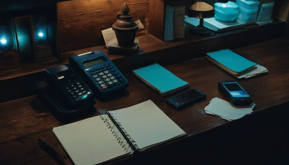 Mostrador de noche con cuaderno de notas, terminal de cobro y celular
