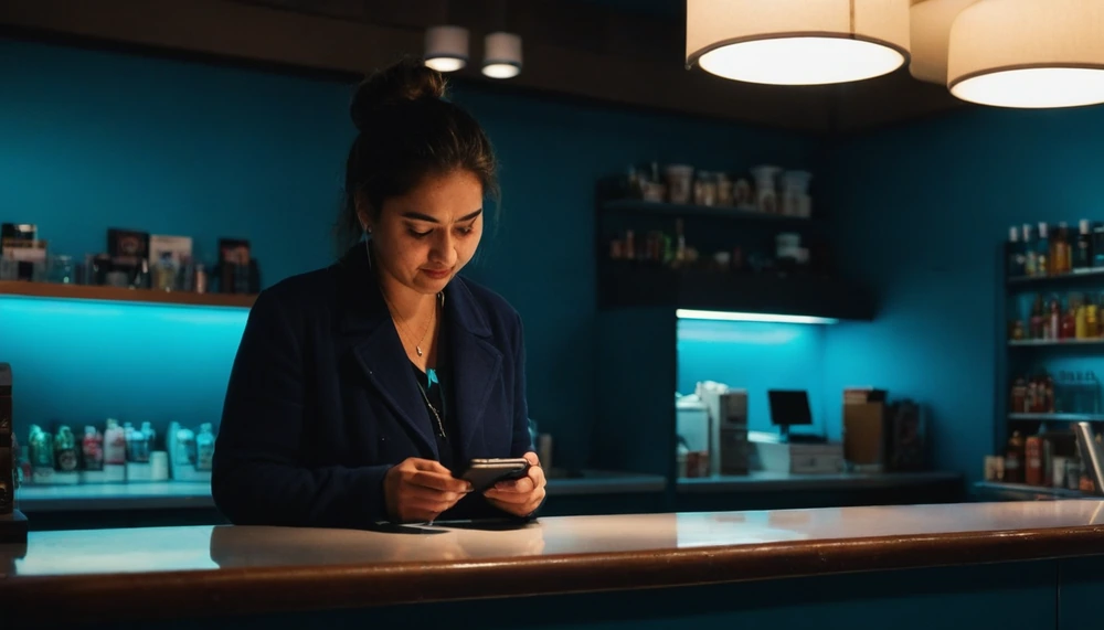 Dueña de un negocio revisando mensajes en su celular de noche, detrás del mostrador