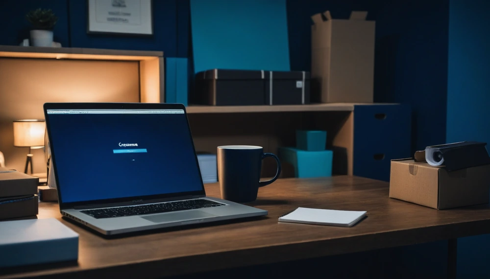 Laptop con la tienda en línea abierta junto a cajas de envío en la trastienda