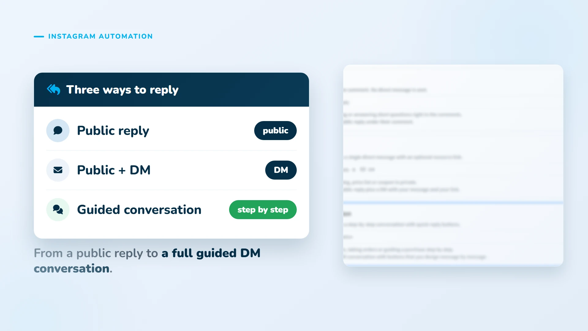 Three ways to reply: public reply, public plus DM, or a guided conversation.