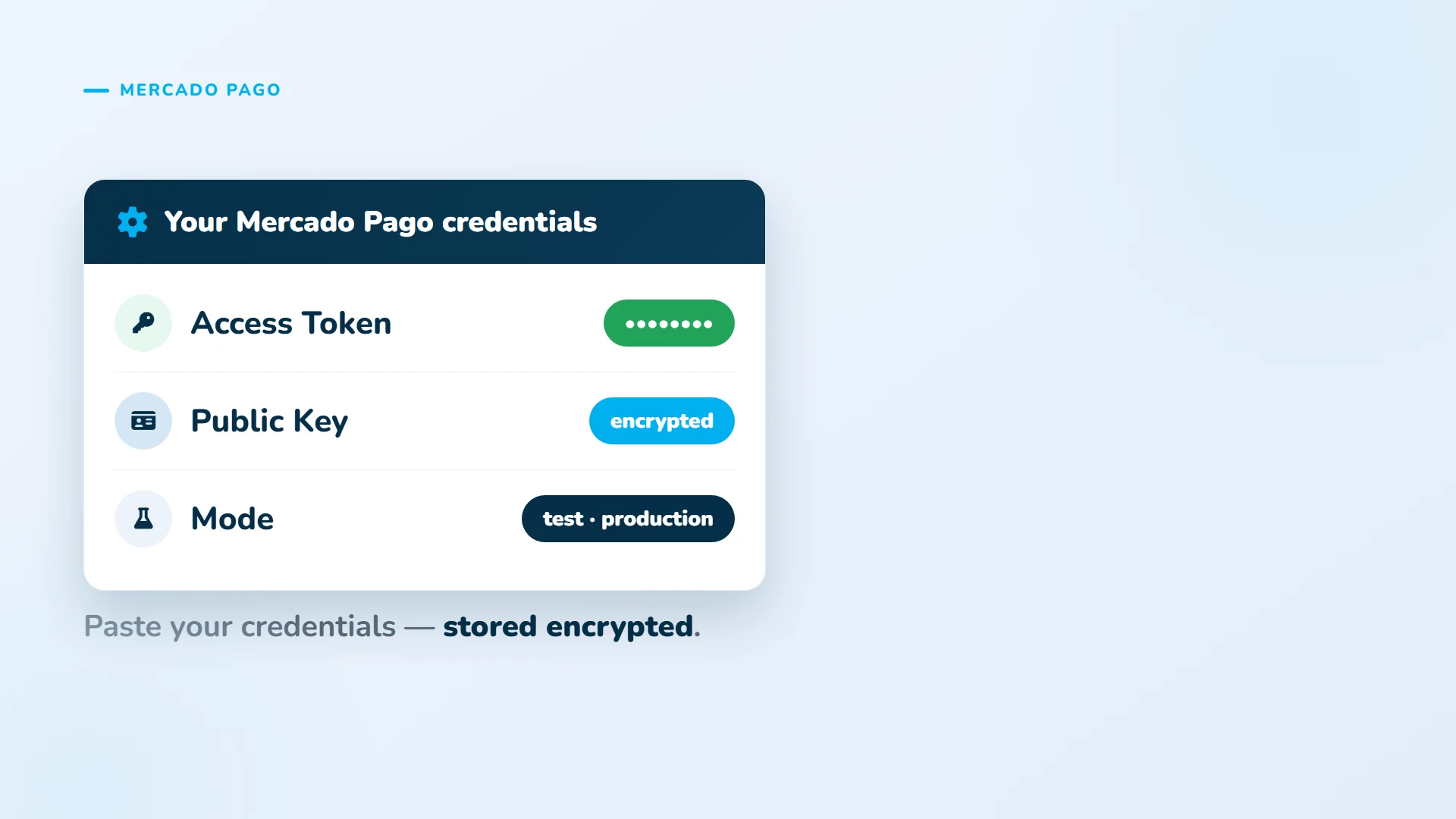 Paste your Mercado Pago credentials; they are stored encrypted.