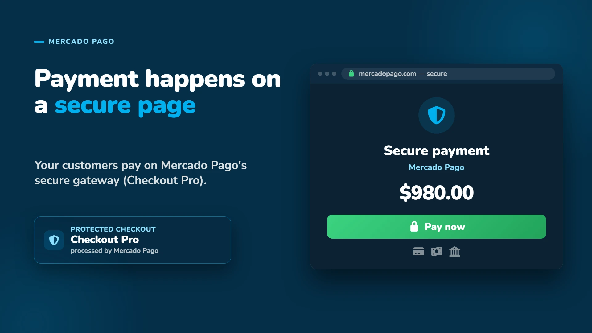 Payment happens on Mercado Pago's secure page (Checkout Pro).