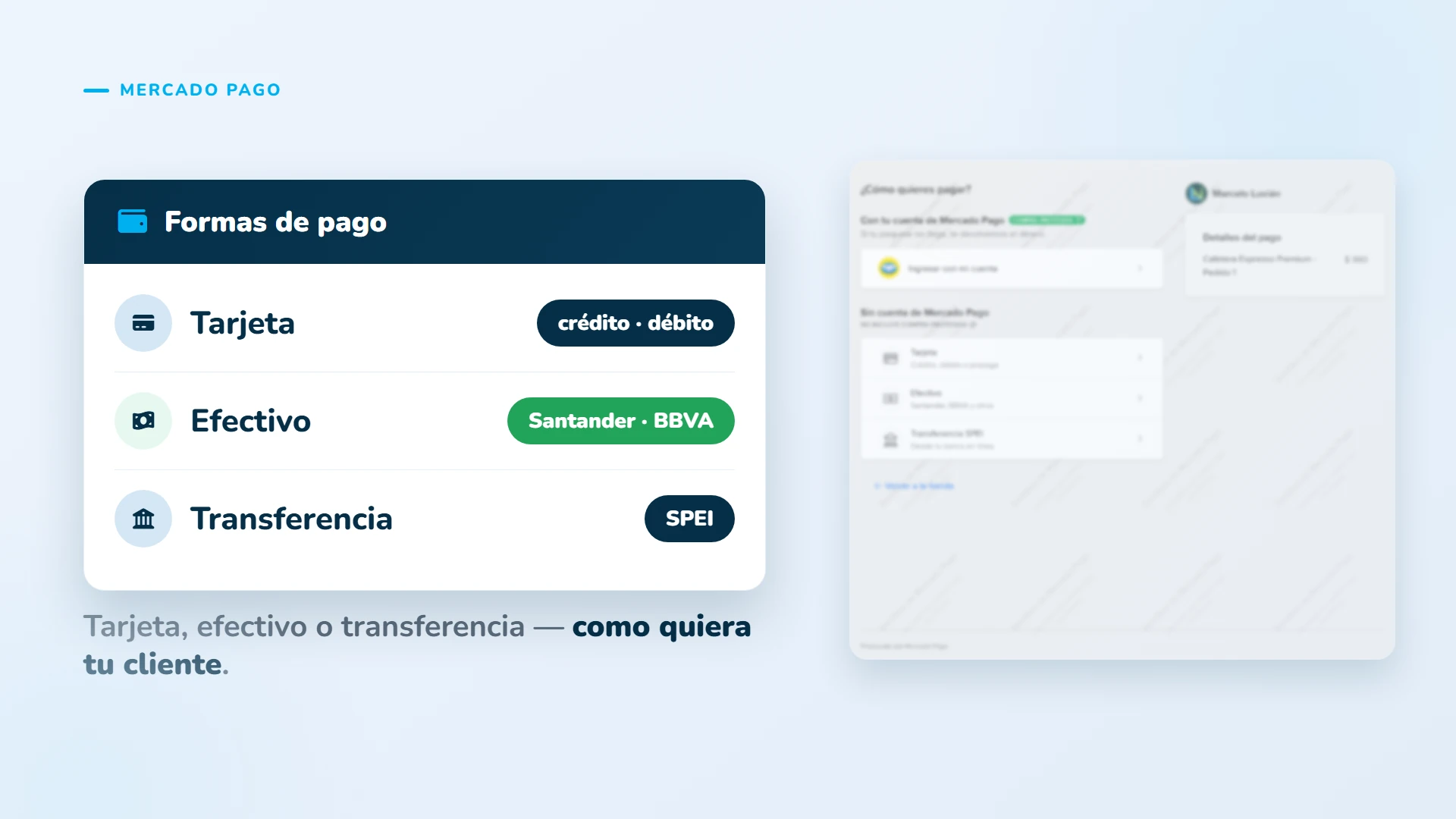 Tarjeta, efectivo o transferencia — como quiera tu cliente.