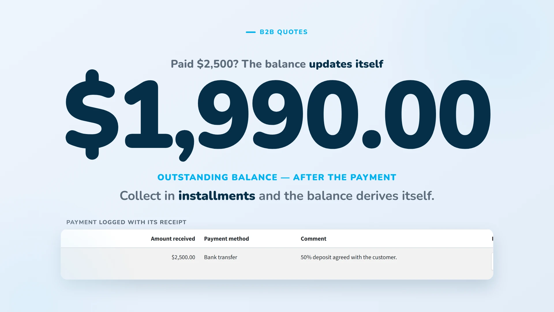 Collect in installments (partial payments) with a receipt; paid and pending are computed automatically.