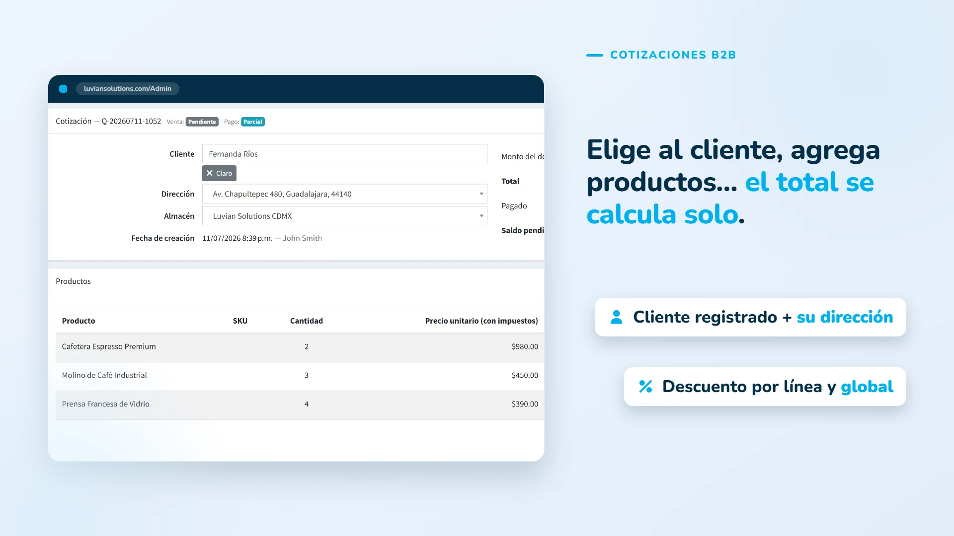 Arma la cotización desde el admin: cliente, productos, descuentos por línea y global; el total se calcula solo.
