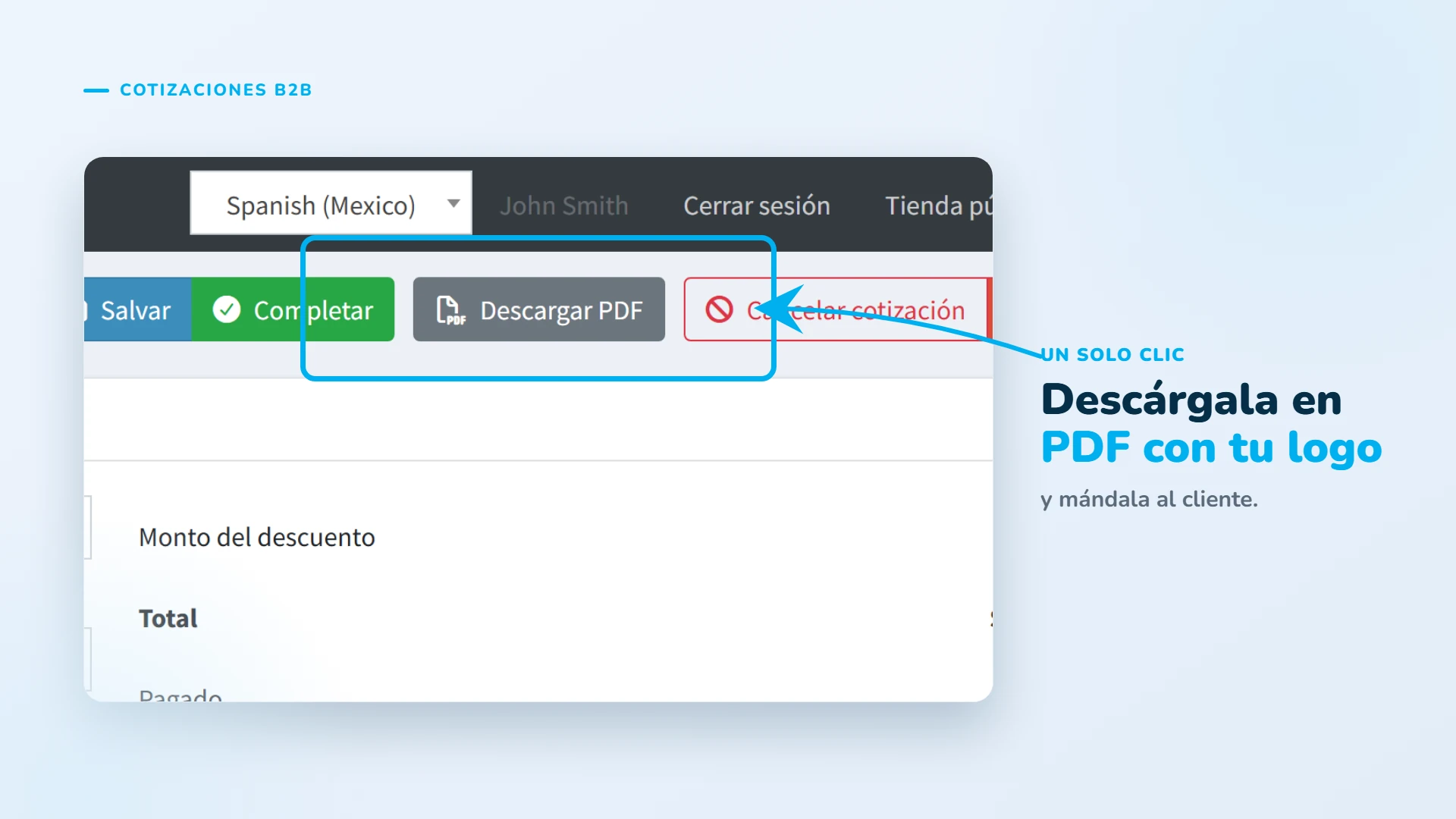Descarga la cotización en PDF con la marca de tu tienda y envíala al cliente.