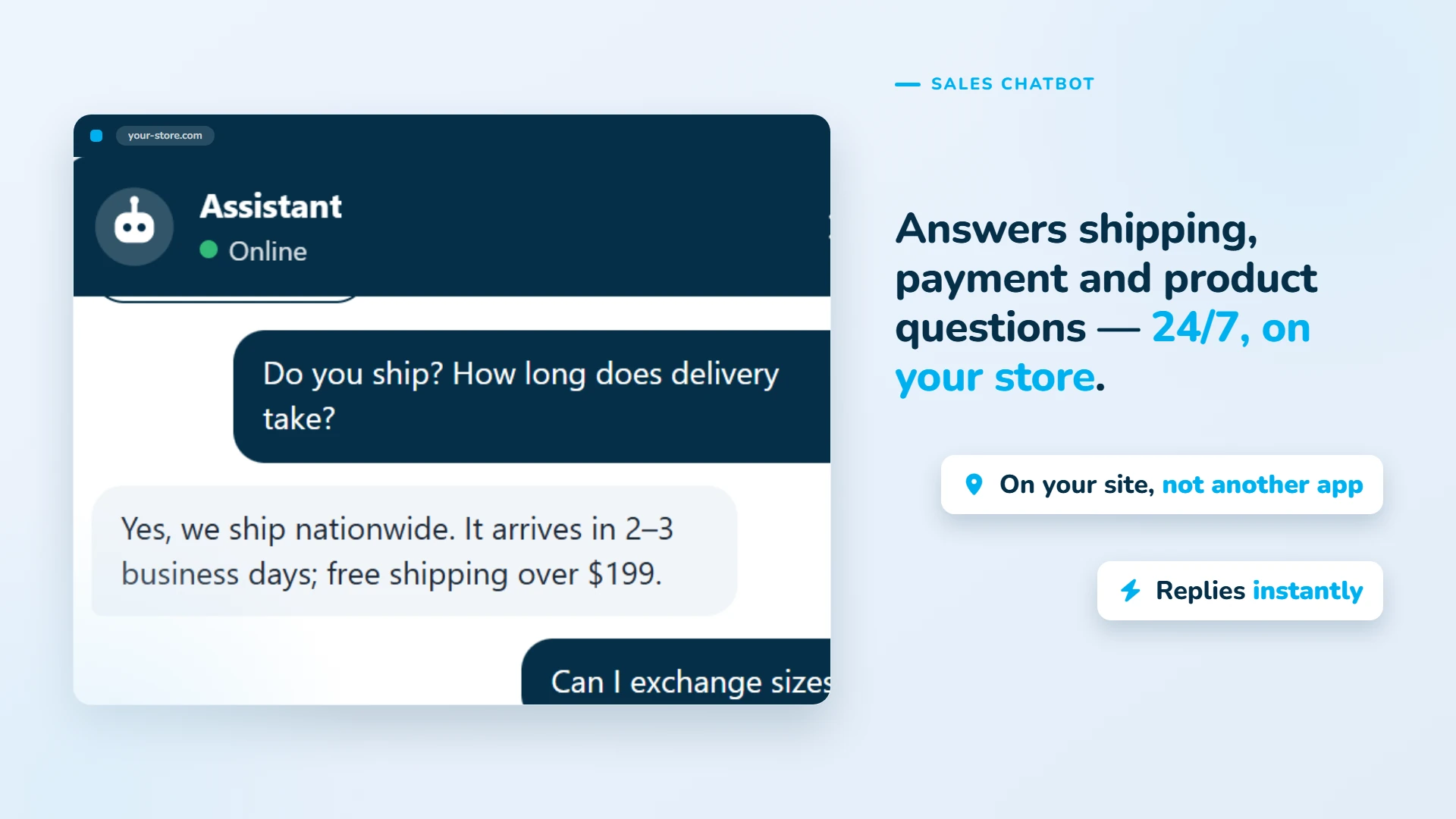 Answers shipping, payment and product questions 24/7, on your store.