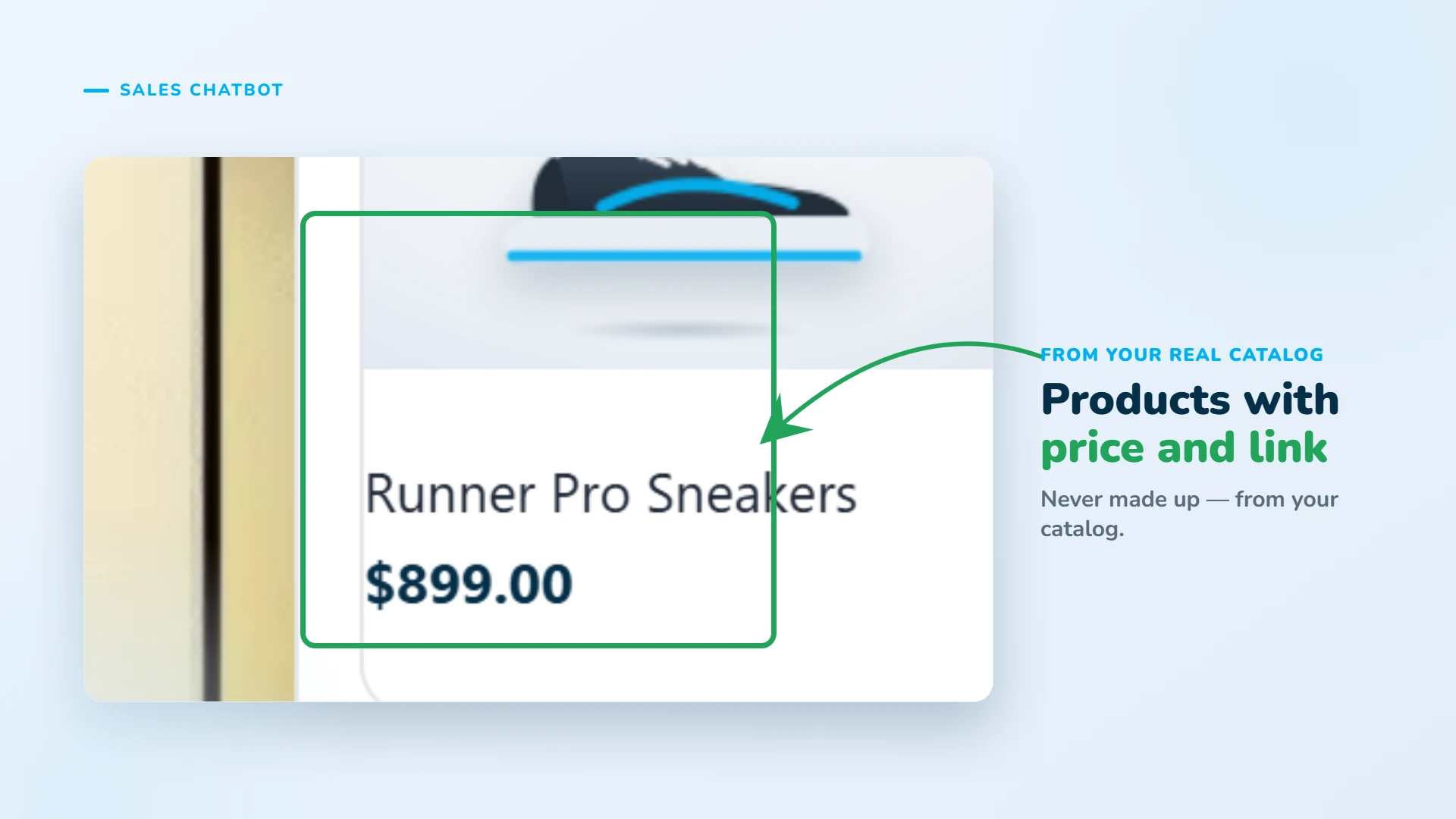 Recommends products from your real catalog, with price and link.