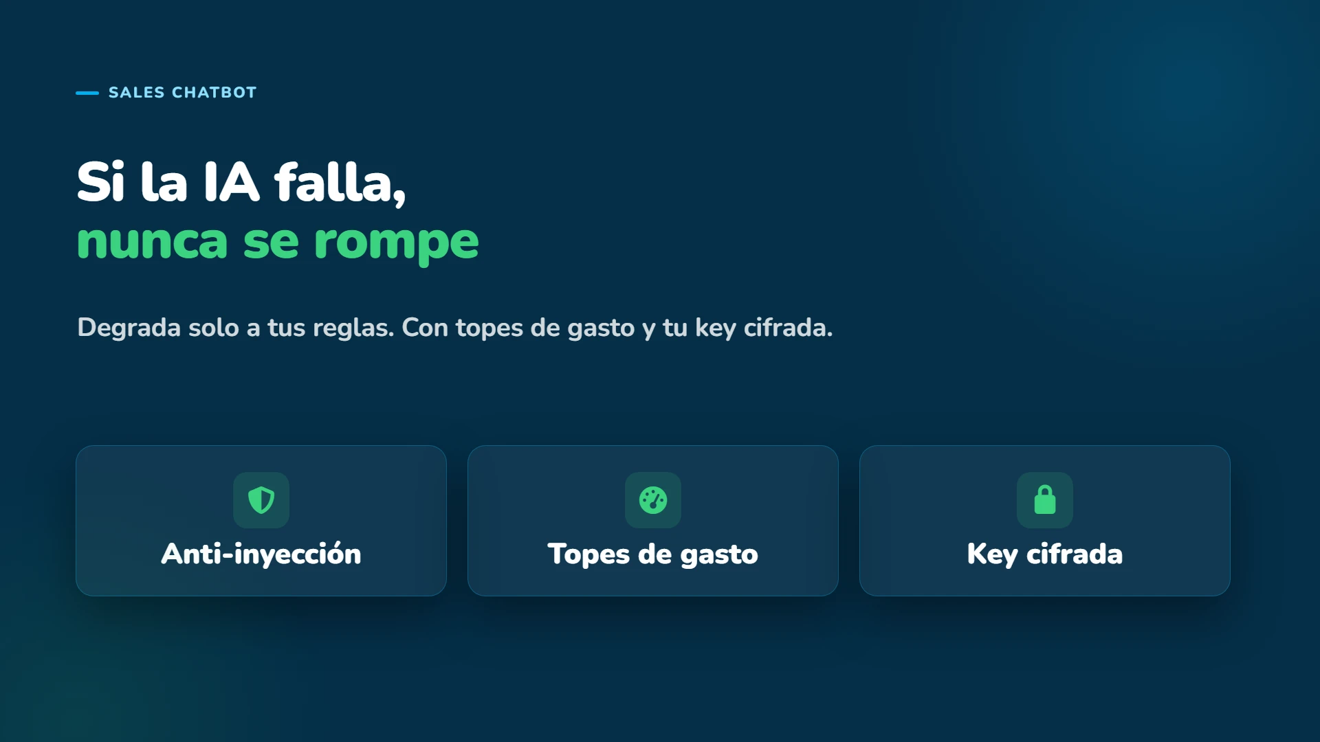 Si la IA falla, nunca se rompe: degrada a tus reglas, con topes de gasto y key cifrada.