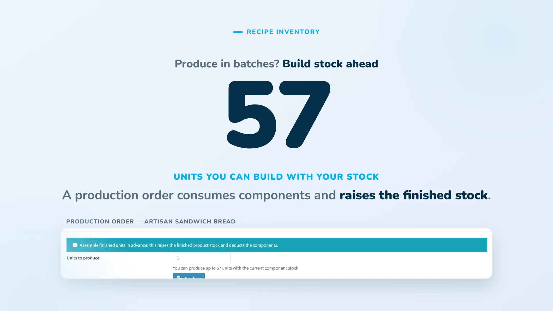 Produce in batches: a production order builds finished stock ahead.