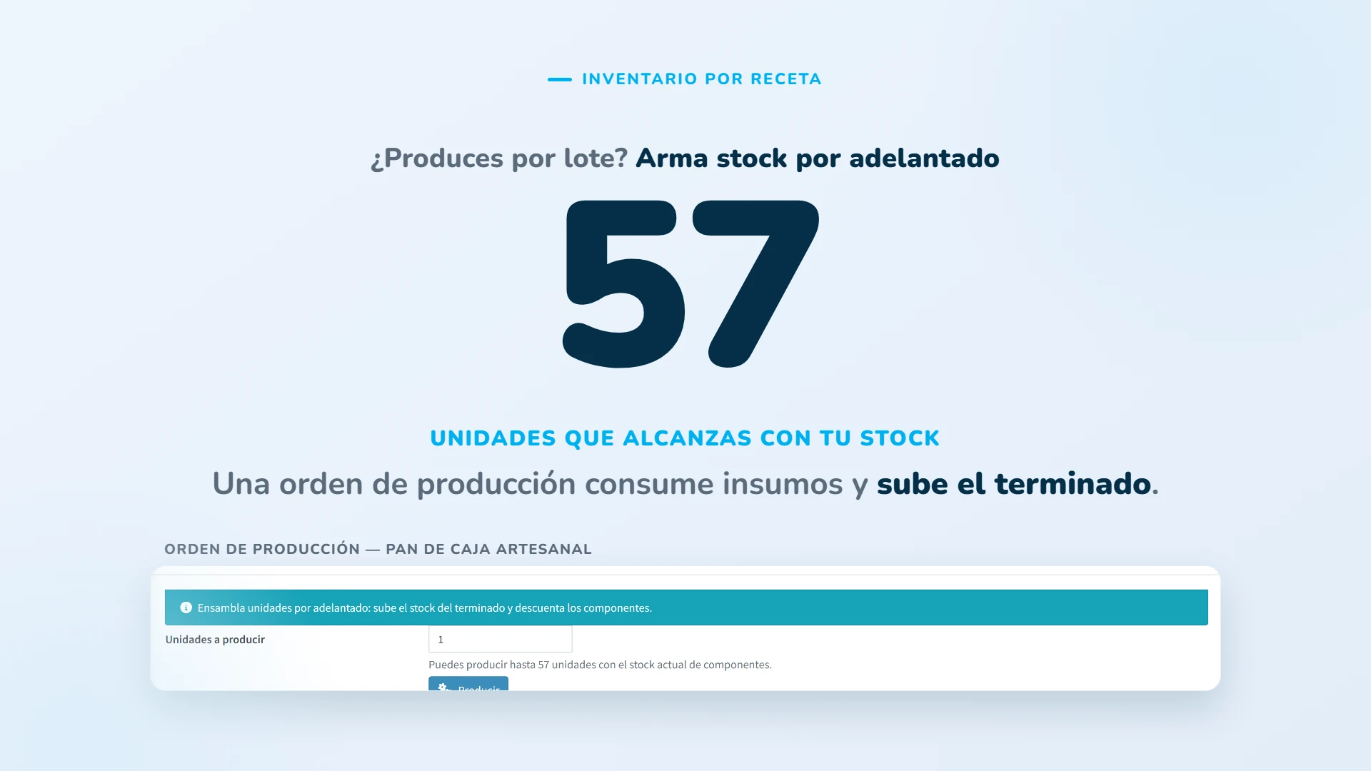 Produce por lote: una orden de producción arma stock del terminado por adelantado.