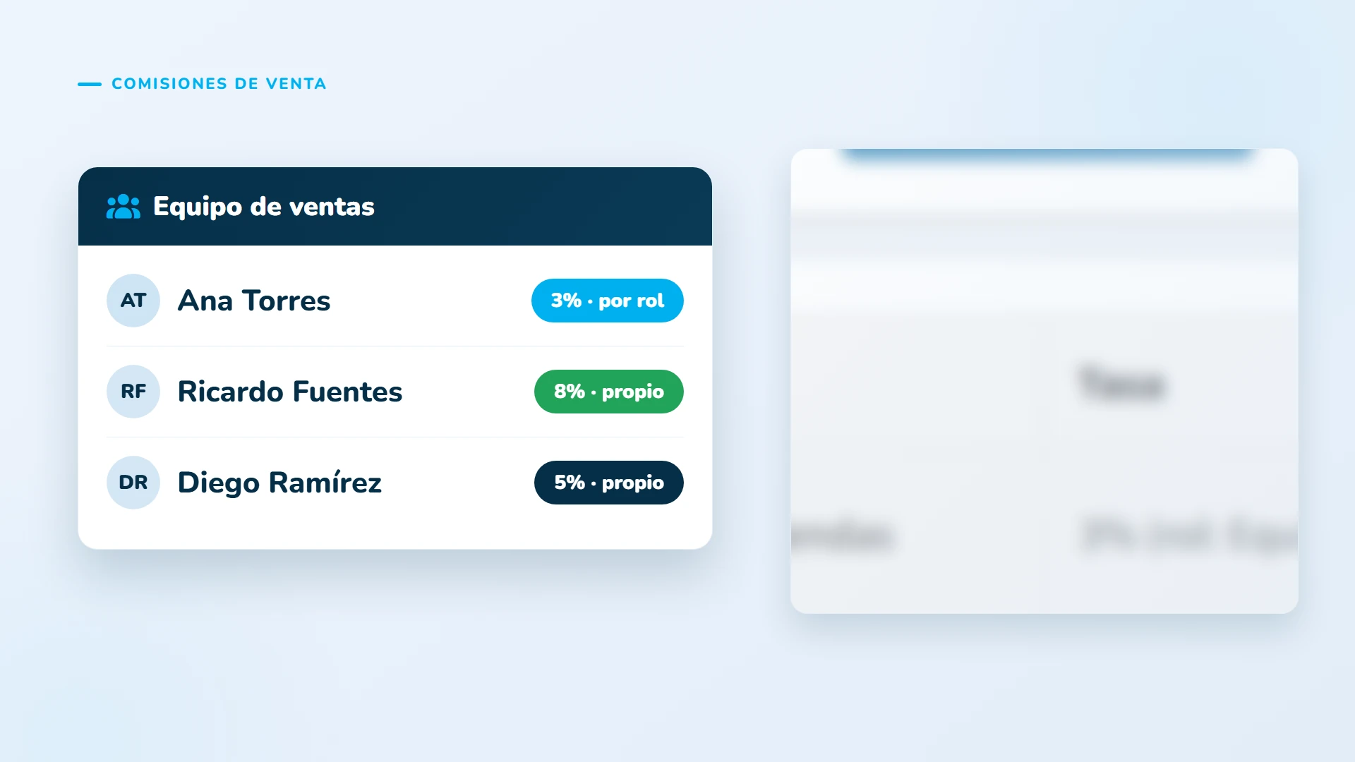 Comisión por rol para todo el equipo, con ajustes por persona.