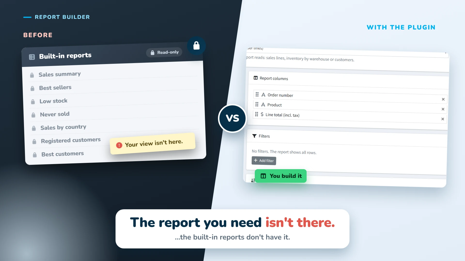 The report you need isn't in nopCommerce's fixed list of built-in reports. With the plugin you build it yourself.