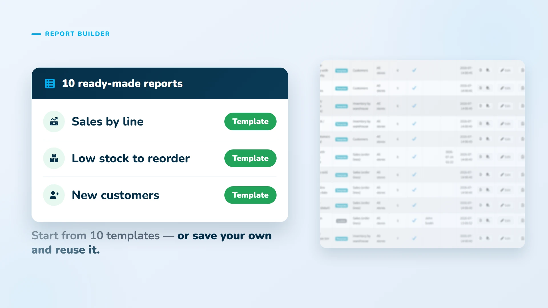 Start from ready-made templates or save your own report and reuse it.