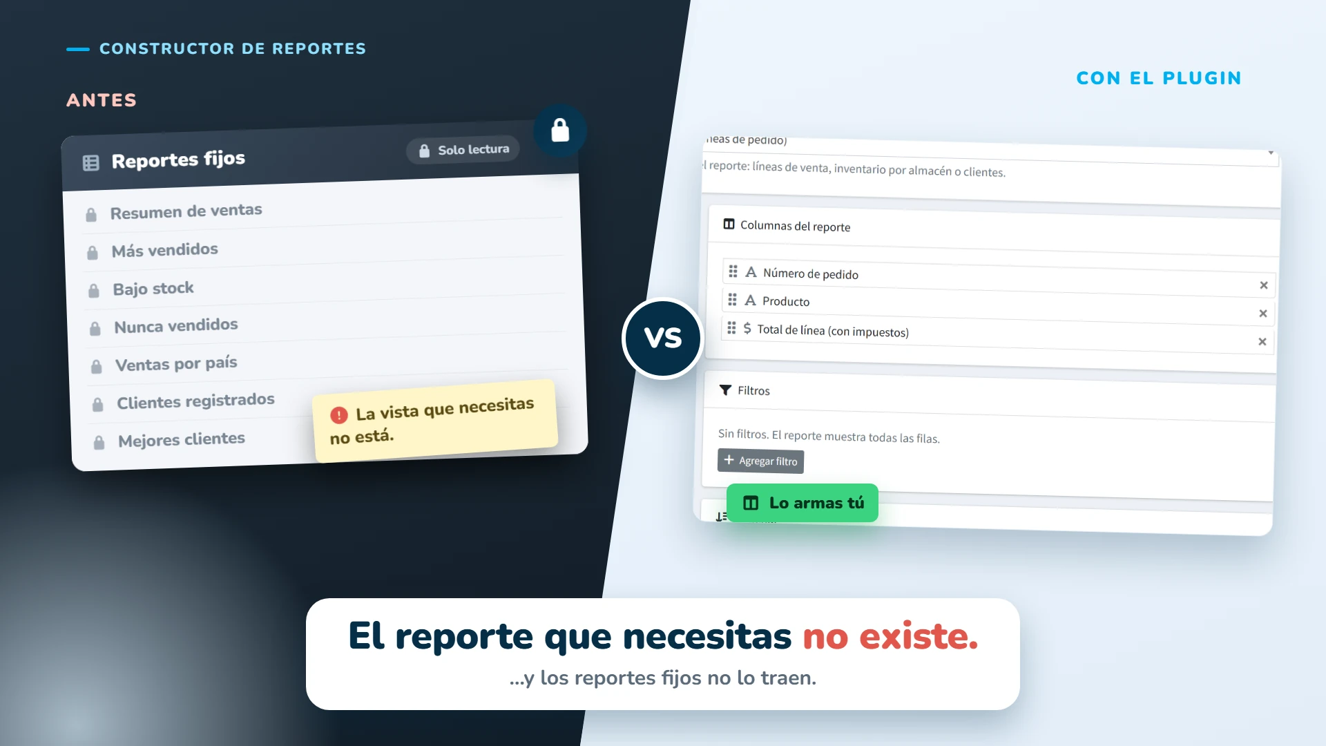 El reporte que necesitas no está en la lista de reportes fijos de nopCommerce. Con el plugin lo armas tú.
