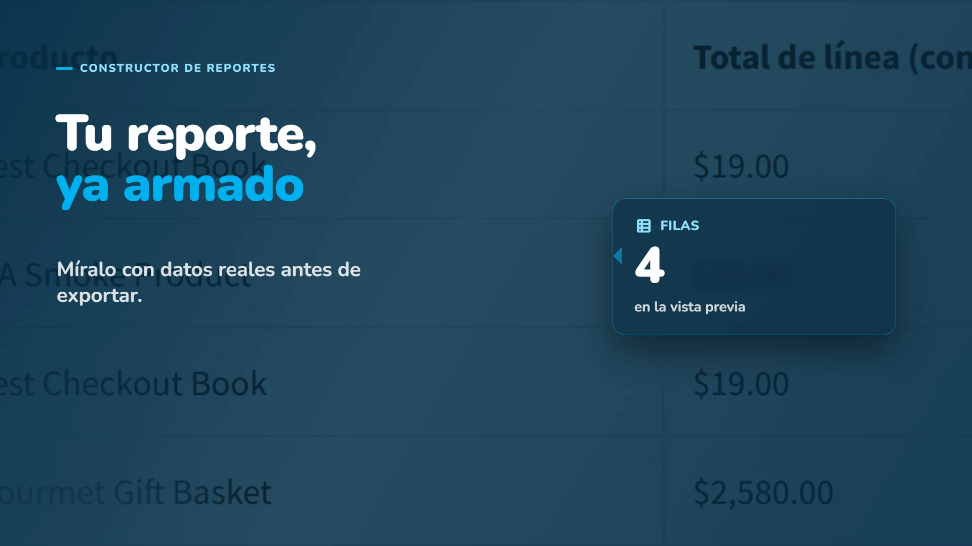 Mira el reporte con datos reales en la vista previa antes de exportarlo.