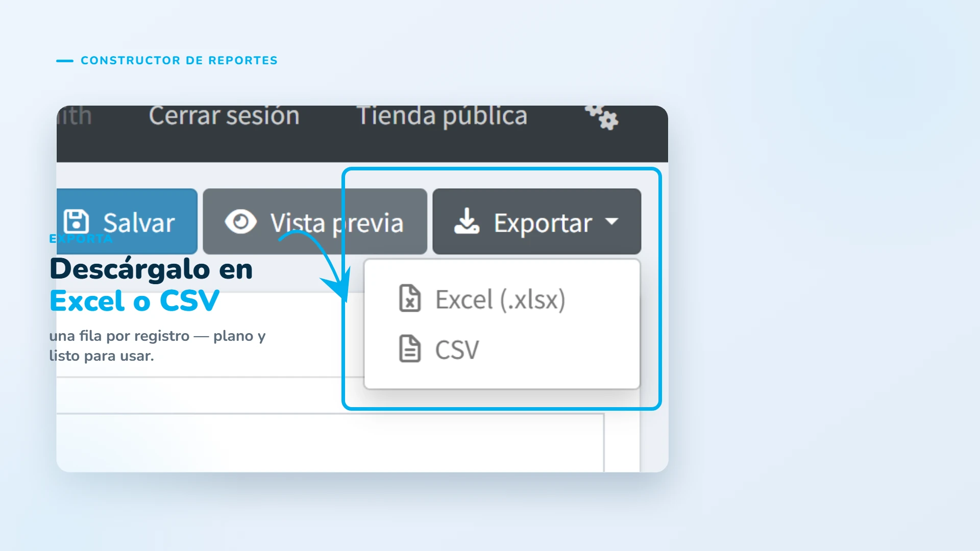 Descárgalo en Excel o CSV, una fila por registro, plano y listo para usar.