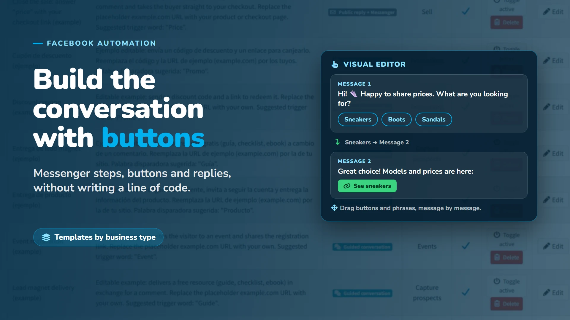 Build the Messenger conversation with buttons: steps, buttons and replies, no code.