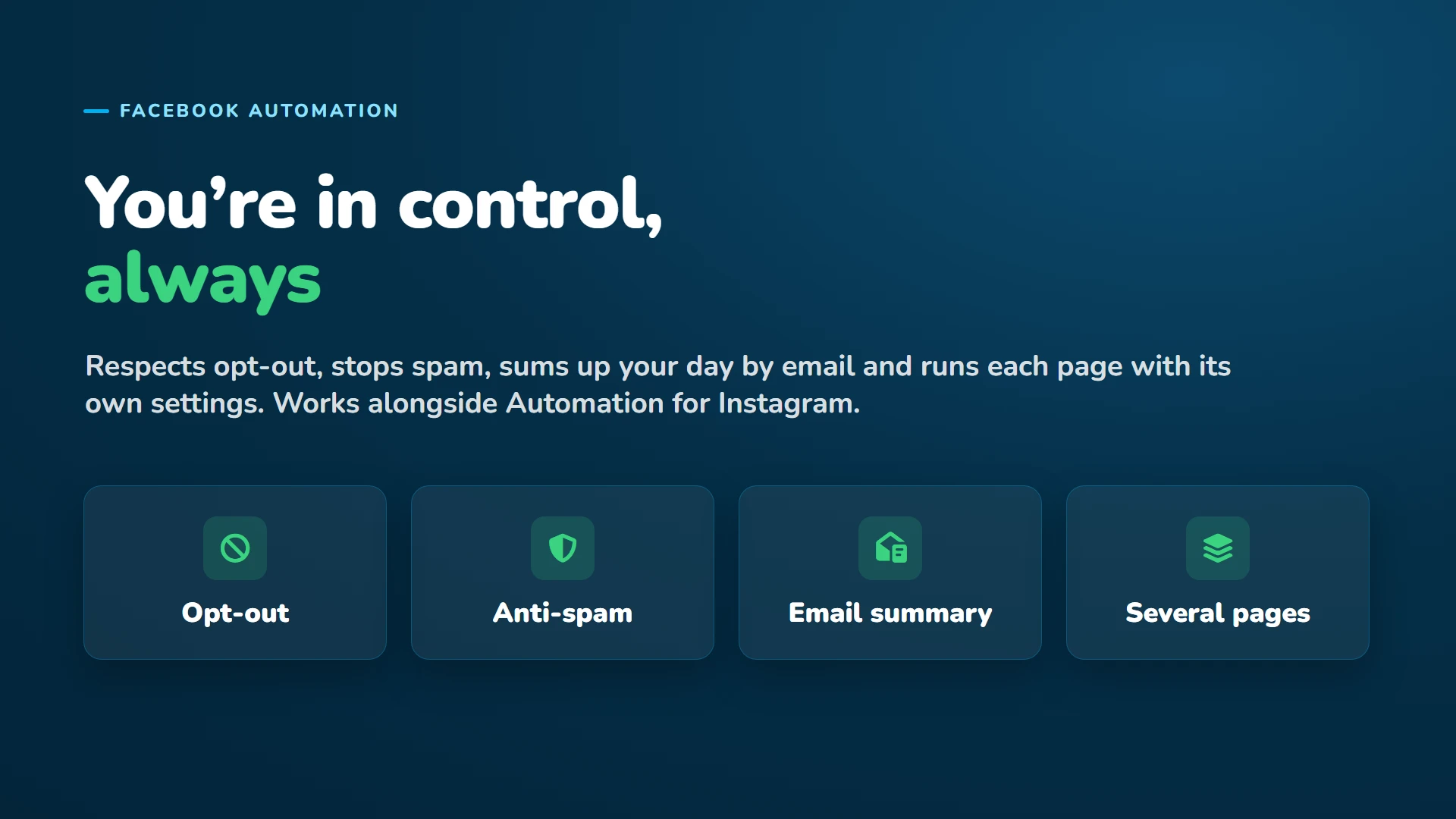 You stay in control: opt-out, anti-spam, email summary and several pages. Works alongside Automation for Instagram.