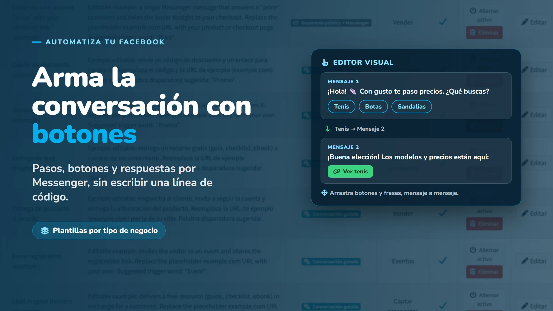 Arma la conversación de Messenger con botones: pasos, botones y respuestas, sin escribir código.